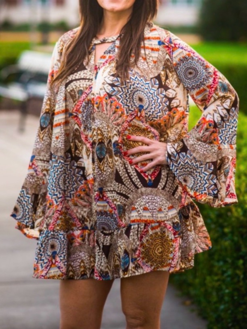 Umber multicolor Bohemian Printed Mini Dress with Bell Sleeves and Ruffle Hem